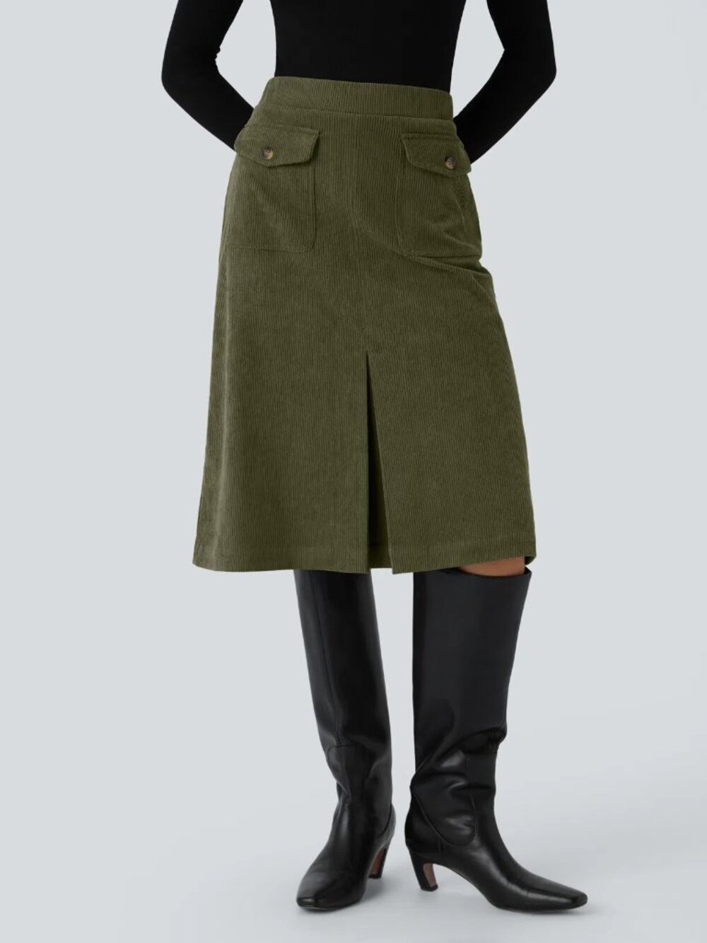 Halara Women's Large Hazel Mist Green Front Side Flap Pocket Midi Corduroy Skirt